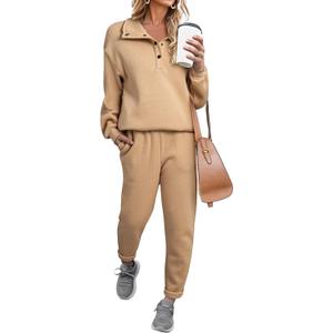 Herseas Lounge Sets for Women Button Fall 2 Piece Outfits Sweatsuits Long Sleeve Fleeced Travel Suits Fashion Clothing (Beige, XXL)