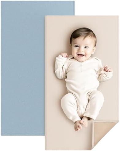 Konssy Faux Leather Baby Changing Mat, Waterproof, Wipeable & Portable Diaper Changing Pad for Travel or Home, Fits Perfectly in Diaper Bag, 30 x 17 inches (Blue,Beige)