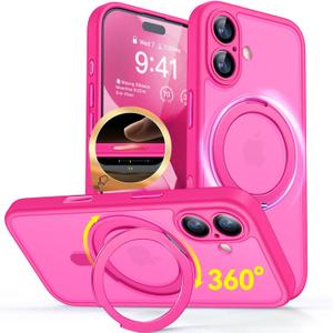 CANSHN 360 Spin Magnetic Stand for iPhone 17 Case with Camera Control [Full Camera Protection] [Compatible with Magsafe] Translucent Matte Shockproof Protective Phone Cover 6.3" - Hot Pink