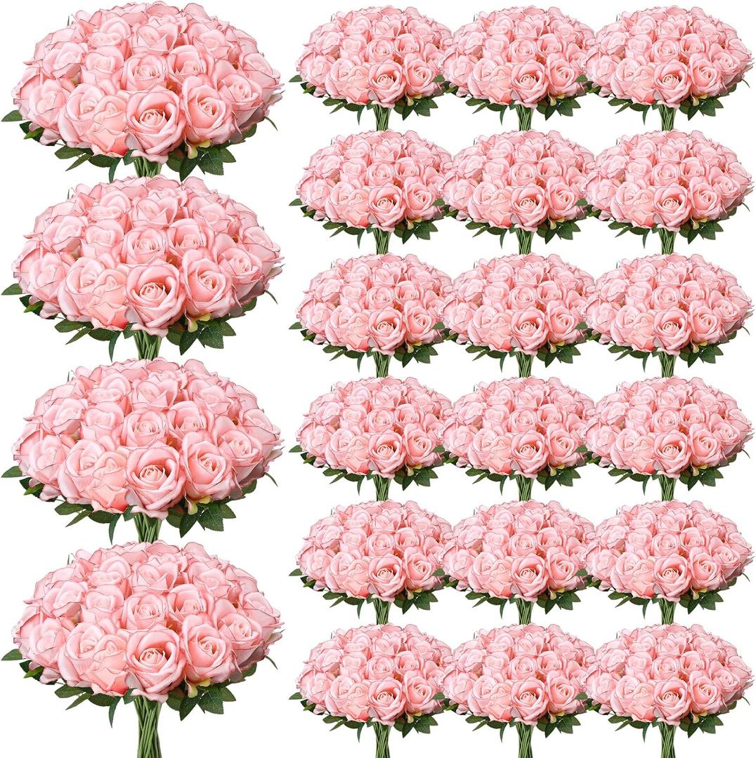 150 x Ovveroche 150 Pcs Artificial Roses Long Stem Silk Flowers Light Pink