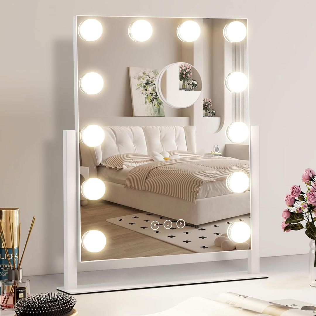 Vanity Makeup Mirror with Lights,3 Color Lighting Modes Detachable 10X Magnification Mirror Touch Control,360Rotation, White (14.6Inch)