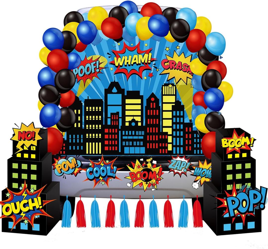 Tiamon 86 Pcs Halloween Trunk or Treat Car Decorations Kit with City Skyline Buildings Boxes Banner Balloons Hero Cutouts Blue Red Paper Tassels for SUV Garage Door Decorations Hero Supplies