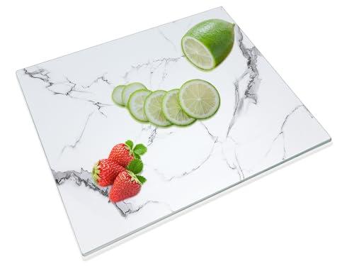 JAMBALAY Tempered Glass Cutting Board for Kitchen 12"x 16" White Glass Cutting Board with Design, Marble Chopping Board with Non-Slip Foot, Heat & Shatter Resistant, Dishwasher Safe