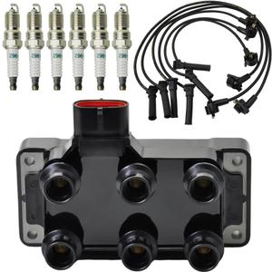 Set of 1 DG452 Ignition Coil Pack & 6PCS Spark plugs & wires Compatible with 1990-2011 Ford Ranger 3.0l, 2005-2010 Mustang Aerostar Econoline Explorer Mystique Mystique Sable Taurus Replaces FD480