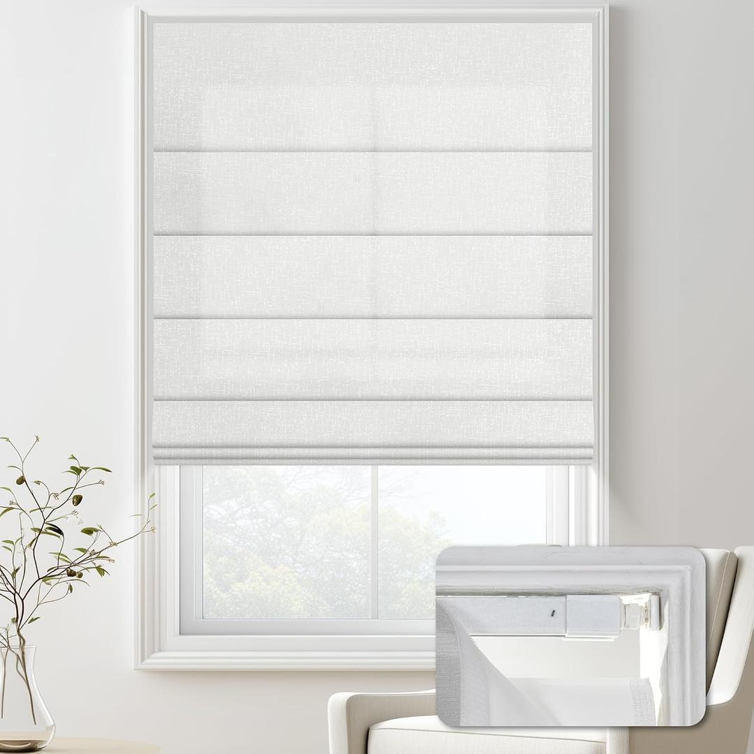 No Drill Roman Shades for Indoor Windows,Cordless Roman Blinds,Linen No Tools Light Filtering Window Shades,Easy to Install Window Blinds for Home Bedroom,70% Blackout-White,34" W x 64" H