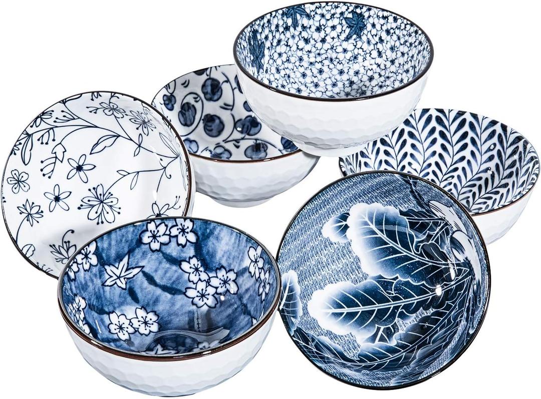 Japanese Style Ceramic Rice Bowls,10 Ounces Small Salad,Soup,Ice Cream Snack Dip Bowl Set of 6,Blue and White Floral Microwave Safe for Kitchen (4.5 inch)