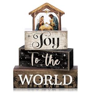 Moucuny 4 Pcs Christmas Table Decor Wooden Christian Religious Decoration Nativity Scene Centerpiece Joy to the World Tiered Tray Decor Farmhouse Xmas Decoration for Kitchen