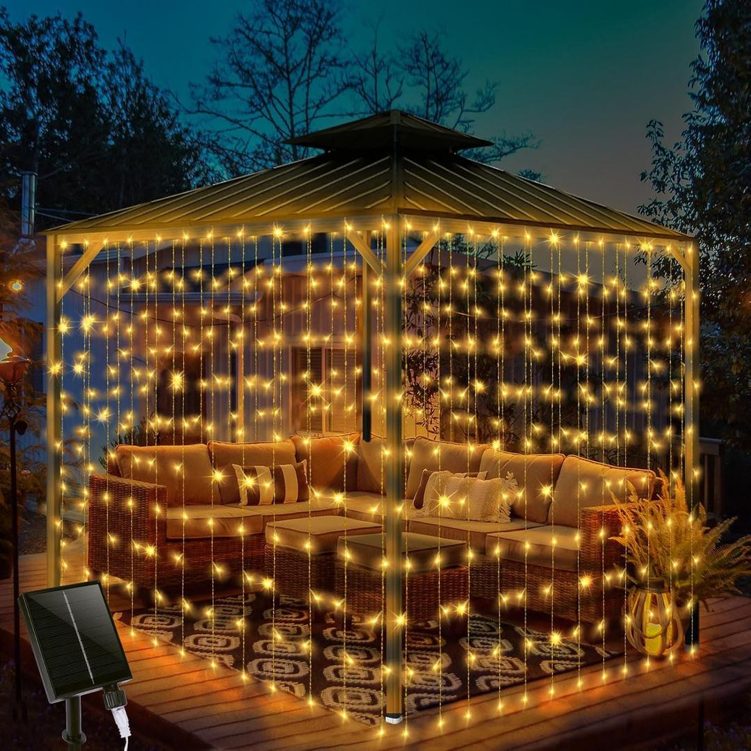 32.8 * 6.56FT Large Size Solar Curtain Lights Outdoor, 8 Modes Outdoor Curtain String Light, Solar Garden Christmas Lights Decortions for Patio, Gazebo, Eaves, Fence, Tree, Porch (Warm White)