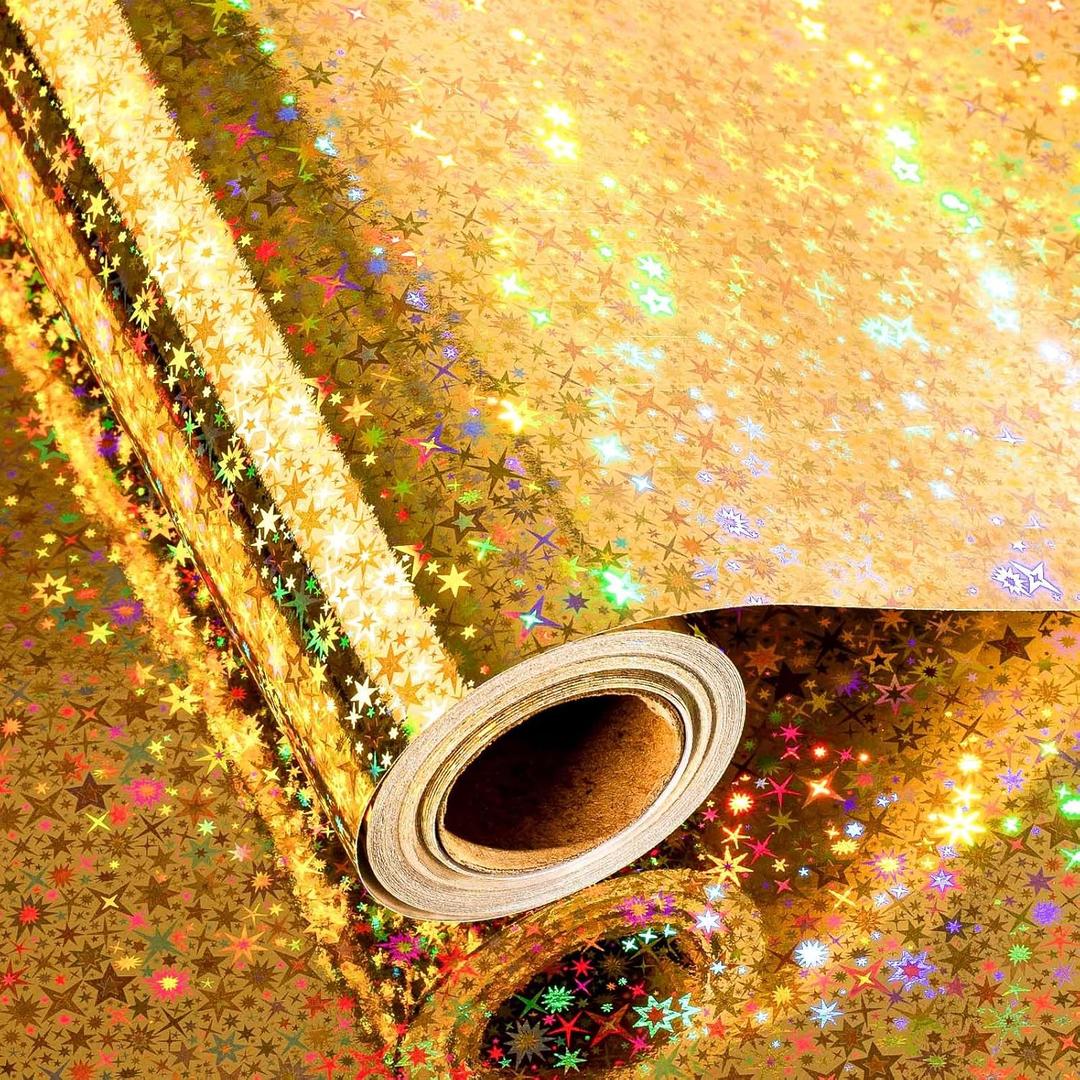 Merture 17 In X 32.8 Ft (46.5 sq.ft.) Gold Wrapping Paper Roll with Iridescent Spark Pattern and Shinning Galaxy Stars, Holographic Gift Wrap for Birthday, Valentines Day, Christmas, Wedding, Mothers Day