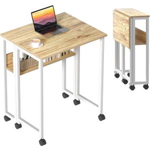 GreenForest Folding Desk Small Rolling Desk with Storage Shelf,24.8 inch Foldable Computer Desk with Wheels for Small Space,Easy Assembly,Oak