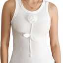 Women's 3D Floral Tank Top Crew Neck Sleeveless Dressy Casual Ribbed Knit Tops (L)