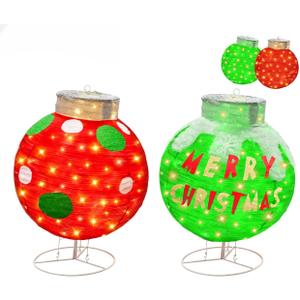 2pc Lighted Pop-Up Outdoor Christmas Ornament Set, Holiday Ball Decorations with 120 LED Lights, Outdoor Christmas Decor Collapsible for Yard - Red/Green