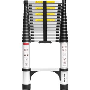 BOCOM 14.5 FT Aluminum Telescoping Ladder, Lightweight Multi-Purpose Collapsible Extension with 2 Triangle Stabilizers, Heavy Duty 330 lbs Max Capacity, Ideal for Home, RV, and Outdoor Work Silver