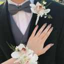 Rinlong Corsage and Boutonniere Set Orchid Corsages Wristlet Groom Flower Boutonniere for Men Wedding Homecoming Corsage for Prom (White Boat Orchid)