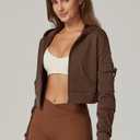 QINSEN Hoodies for Women Full Zip Up Cropped Jacket Long Sleeves with Cargo Pockets Sweatshirts Tops (Brown, XS)