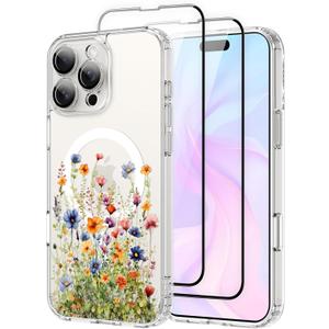 OOK Magnetic Case for iPhone 16 Pro Case Cute Flower Design with 2 PCS Screen Protector [Compatible with MagSafe] for Girls Women Floral Clear Slim Shockproof Phone Cover-Colorful Flowers