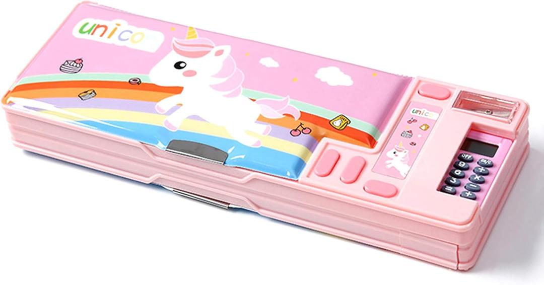 Pop Up Multifunction Pencil Case, Cute Cartoon Pen Box Organizer Stationery with Calculators, Sharpener, Schedule, School Supplies, Best Birthday Gifts for Kids Teens (Pink)