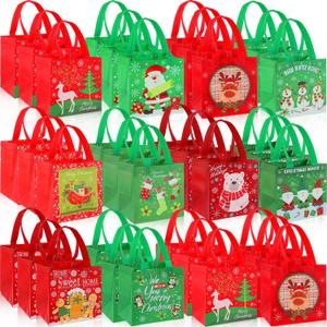 SmoothNovelty 100 Pcs Christmas Gift Bags Bulk with Handles Non Woven Favor Bags Xmas Reusable Gift Wrap Tote Bag Holiday Red and Green Goodie Boxes for Xmas Wrapping Party Supplies, 8 x 8 x 6 Inch