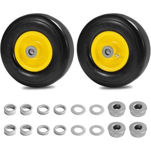 PARTS CAMP 9X3.50-4" FLAT-FREE TIRE AND WHEEL, LAWNMOWER TIRE FOR FRONT ZERO-TURN MOWERS, GARDEN TRACTORS, WHEELBARROWS, AND GARDEN CARTS, WITH 3/4" & 5/8" BUSHINGS, 3.5"-4" CENTERED HUB (SET OF 2).