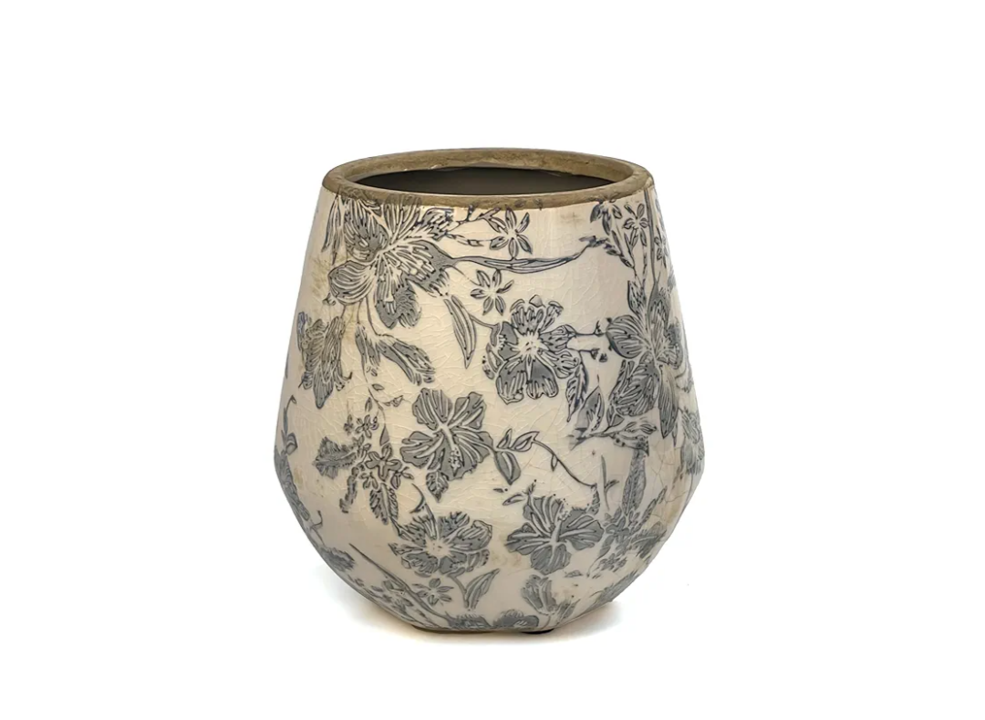 Grey Rustic Small Cute Ceramic Planter with Drainage Holes, Vintage Ice Crack Flower Pot for Indoor Outdoor,Tuscan Decor Gardening Gift
