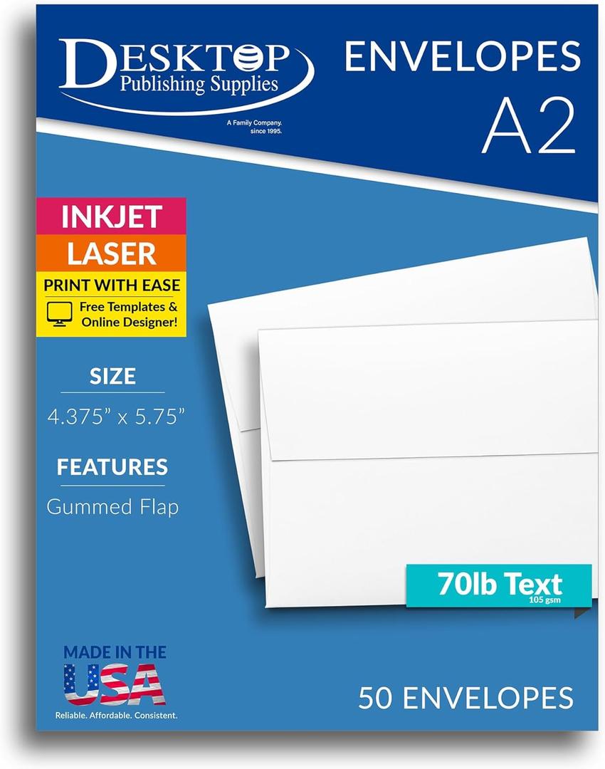 50 Pack White A2 Envelopes  Premium 28lb Bond  Square Gummed Flap - Ideal for Invitations, Cards & Crafts  Made in the USA
