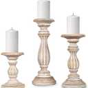 Mela Artisans Whitewashed Hand Carved Wooden Pillar Candle Holders  Set of 3 | Hana Decorative Style | Crafted from Mango Wood | Rustic Table Centerpiece Decor | Sized 6", 9" and 12"
