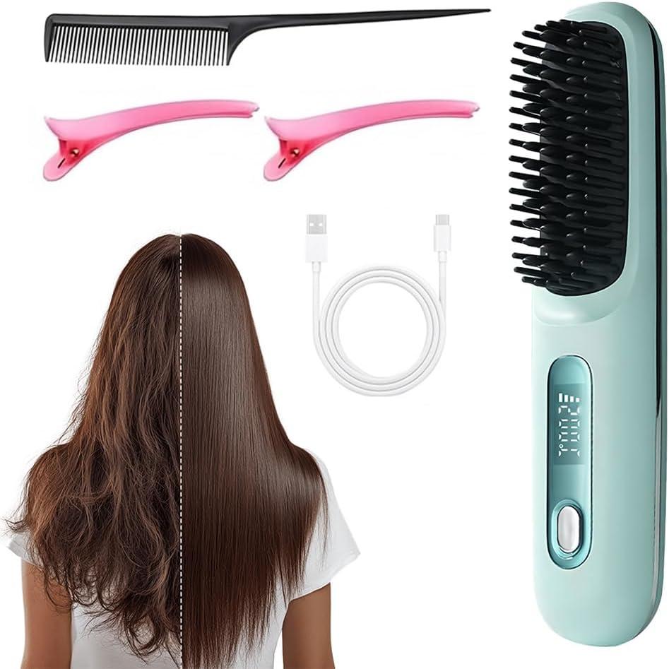 Go Brush, 2026 Upgrade Portable Hair Straightener Brush for Travel, Mini Cordless Hair Straightener Comb with Temperature Display for Women (Blue)