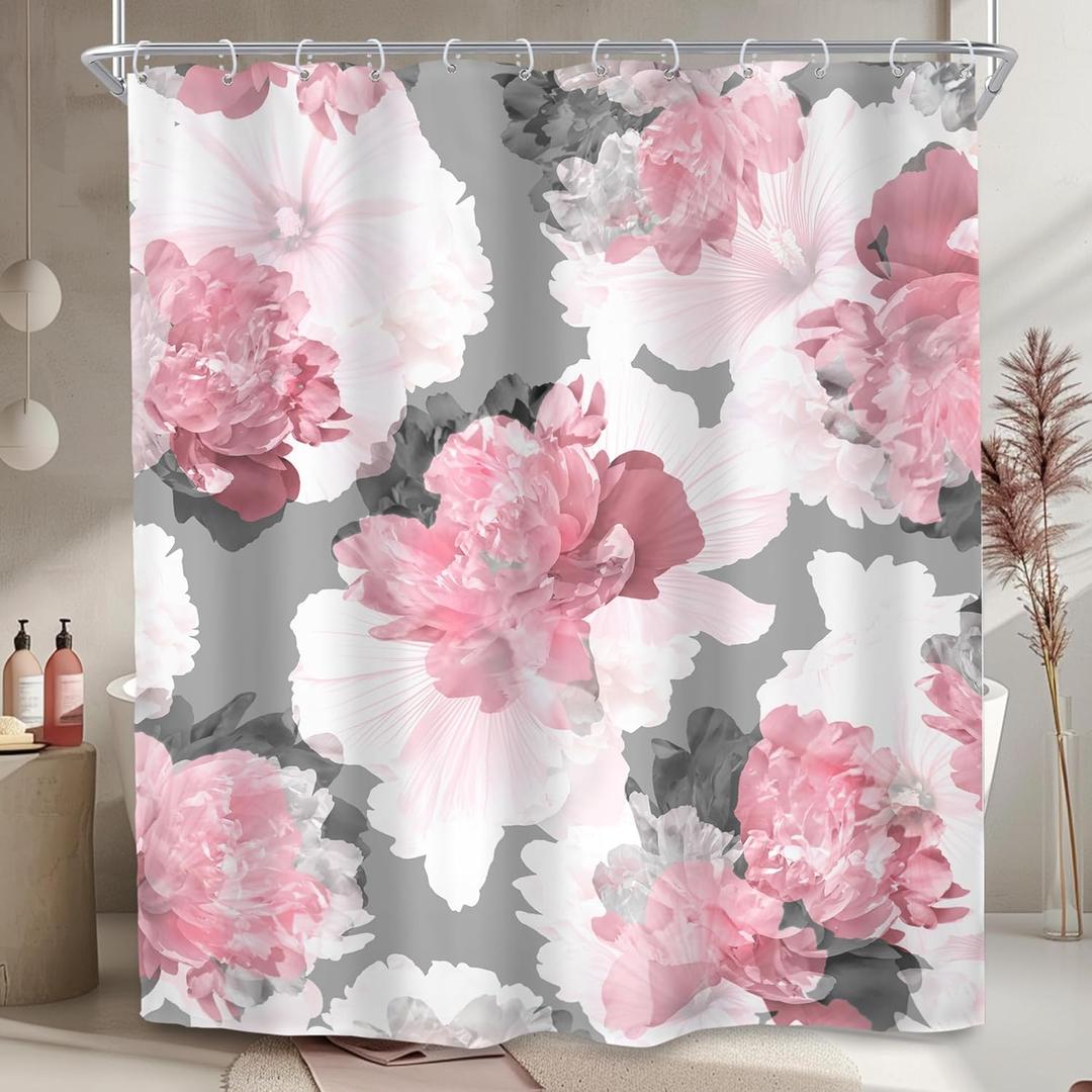 SVBright Pink Gray Flower Shower Curtain, Peony Floral Spring Watercolor Shower Curtain Woman Rose Nature Abstract Modern 60Wx72L Inch 12 Pack Hooks Polyester Waterproof Fabric Bathroom Panels