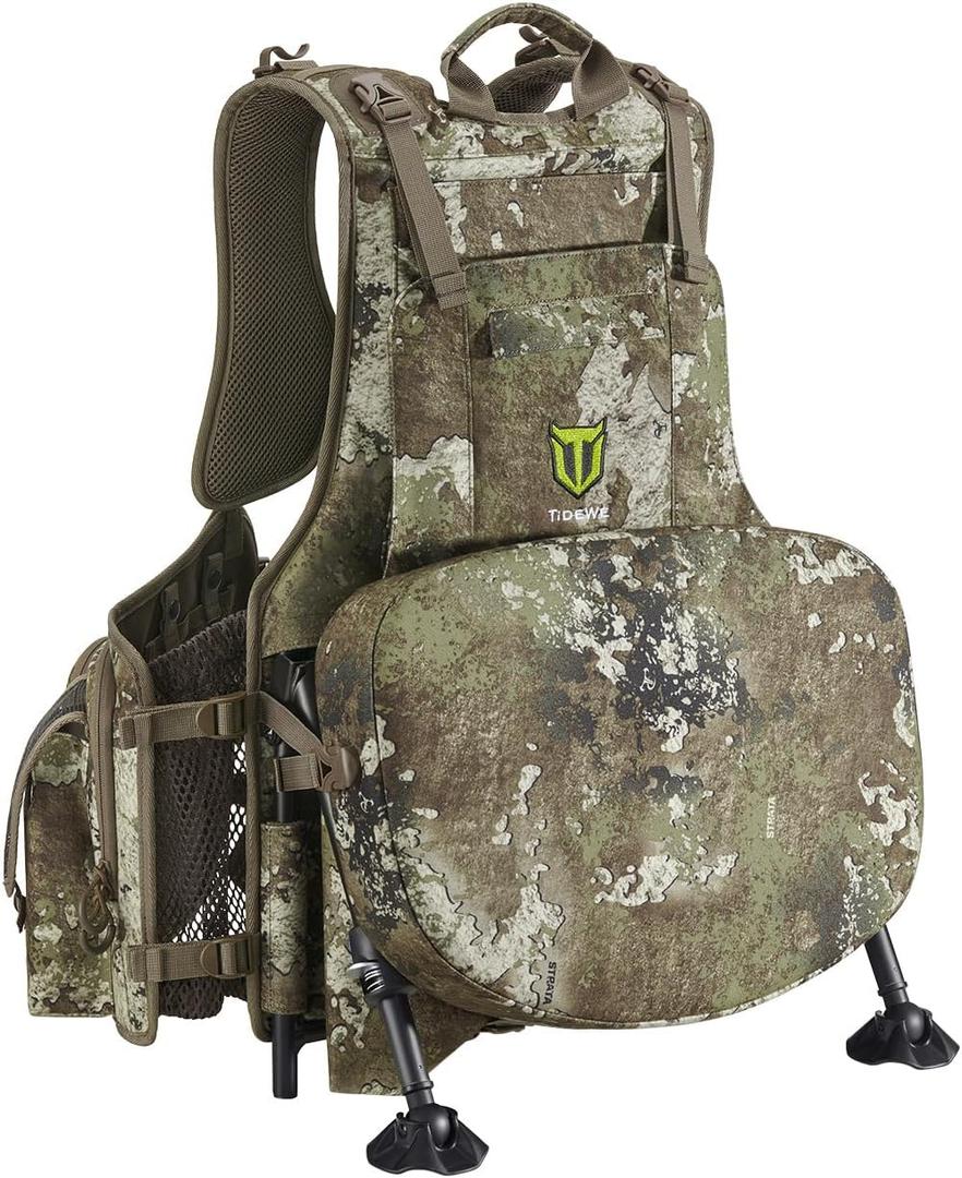 TIDEWE Vest with Seat, Vest with Game Pouch and Kickstand, Strut Camo Clothes for Men Women (Truetimber Strata)