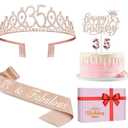 35th Birthday Decorations for Women Including Sash, Tiara/Crown, Numeral Candles and Cake Topper, Rose Gold 35th Birthday Gifts for Women, Rose Gold Party Decor Supplies
