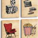Vintage Movie Theater Wall Art, Classic Film Reel Cinema Popcorn Canvas Posters, Set of 4 (8x10 inches Framed), Retro Home Theater Media Room Decor