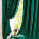 Christmas Green Velvet Curtains for Living Room 63" Pom Pom Room Darkening, 42"W x 63"L