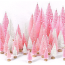 7Pcs Mini Christmas Trees Artificial Christmas Tree Bottle Brush Trees with Wooden Base for Christmas Decor Christmas Party Home Table Craft Decorations(Pink+White)