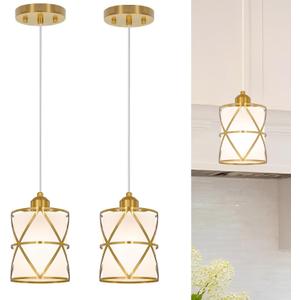 Brushed Gold Pendant Lights for Kitchen Island Set of 2, Pendant Lights Kitchen Island with Frosted Glass Shade, Modern Bathroom Pendant Lighting for Foyer, Dining Room, Entryway - Adjustable Height