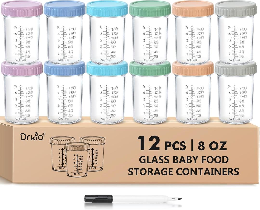 DRKIO 12 Pack Glass Baby Food Storage Containers - 8 Oz Baby Food Jars with Lids Baby Food Maker Microwave Dishwasher Freezer Safe 100% Leak Proof BPA Free Reusable