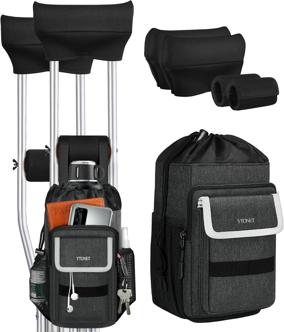 Ytonet 5 PCS Crutch Pads, Bag & Hand Grips, Includes 2 Armpit Pads & 2 Non-Slip Grips, Large Water-Resistant Lightweight Accessories Storage Pouch with Reflective Strips for Standard Crutches (Black)