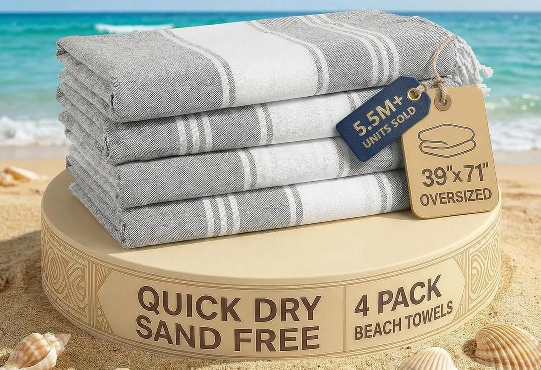 LANE LINEN Turkish Beach Towels Set of 4 - Oversized Beach Towel 39"x71", Durable Sand Proof Towel, Absorbent & Quick Dry, Perfect for Pool or Travel Alloy