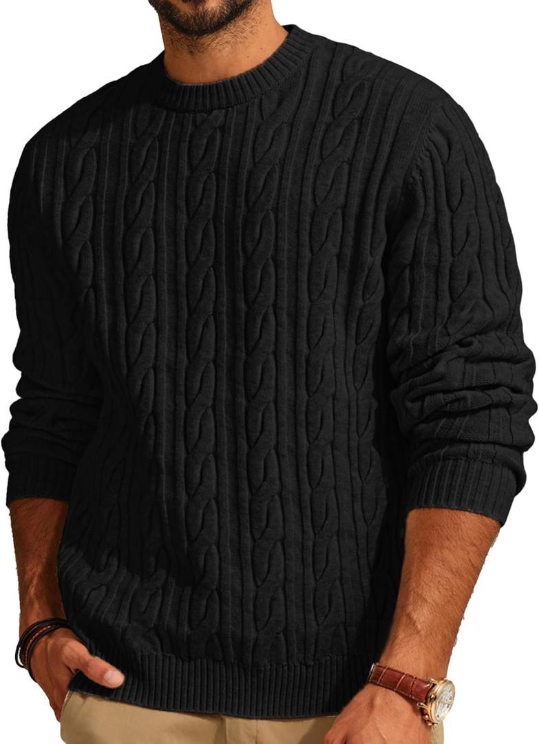 PJ PAUL JONES Mens Sweater Crewneck Cable Knit Pullover Sweater Casual Twist Textured Sweaters (Black)