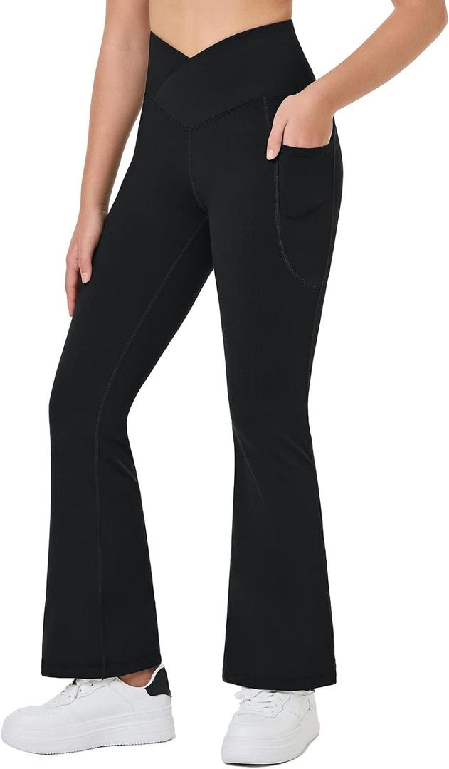 Baleaf Girls' Flare Leggings Cross High Waisted Bootcut Yoga Dance Pants Kids Bell Bottoms Leggings with Pockets (Black, S)