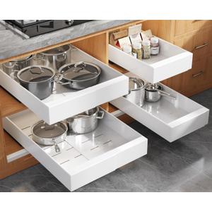 Seinloes 2 Pack Expandable Pull Out Cabinet Organizer 21" Deep With Raising Pad for Framed Cabinets,Upgrade 3 Slide Rails Slide Out Drawers,Roll Out Shelves Adhesive,Adjustable Width 9"-14" White