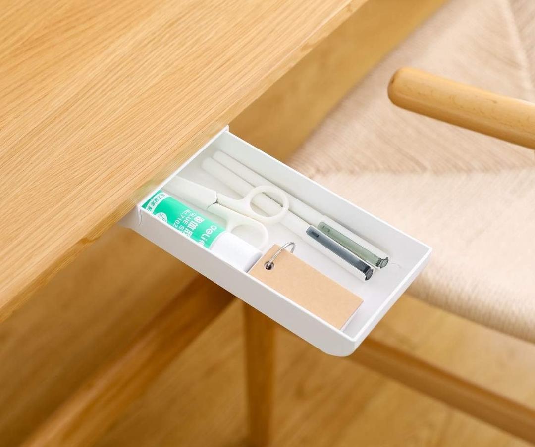 MAOYE Drawer Pencil Tray Self-Adhesive Pop-Up Hidden Desktop Organizer Paste Drawer-Type Storage Pen Box Under The Table Hidden Paste Pen Barrel Office Stationery Sundries Storage Box (White)