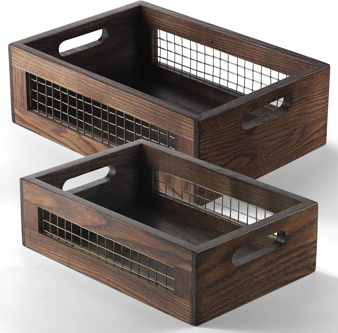 Wooden Countertop Baskets Set of 2 for Kitchen, Pantry|Wall Mount Upgrade with Full Accessories| Rustic Nesting Boxes|Wooden Organizer Crates for Vegetables, Produce, Bread (Walnut)