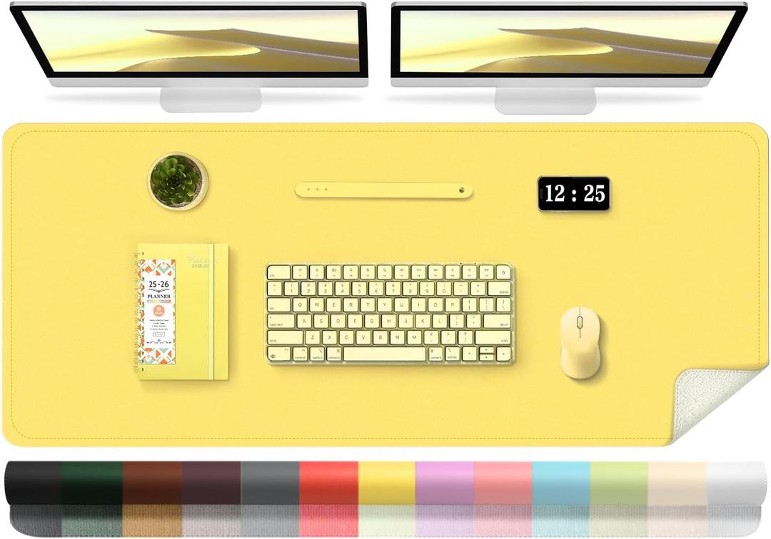Leather Desk Pad Protector, 47.2'' x 23.6'', Suede Base Sewing Desk Blotter, Non-Slip Office Mat, Waterproof Writing Pad - Yellow