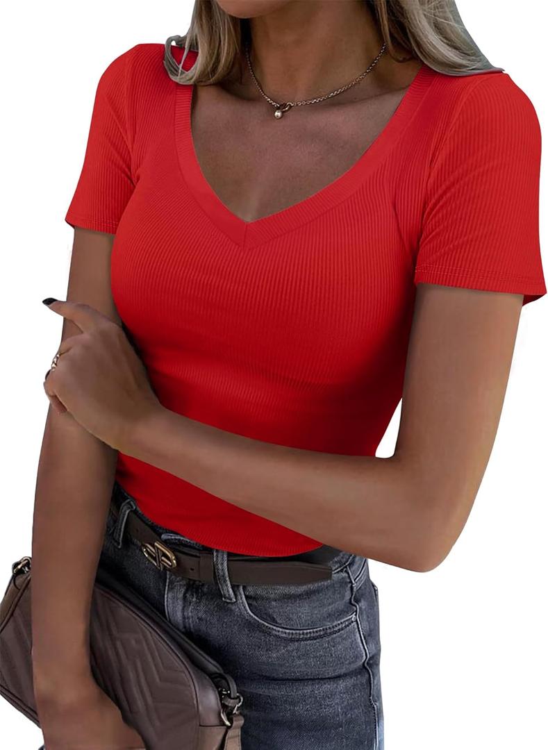 Roselux Women V Neck Ribbed Fitted Tight Tshirt Short Sleeve Shirt Basic Knit Top (Small, Red)