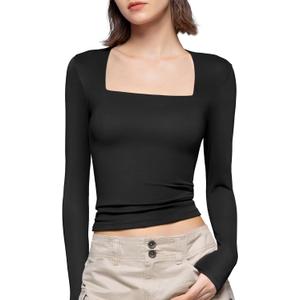PUMIEY Long Sleeve Shirts for Women y2k Clothes T Shirts Womens Fashion Going Out Tops Fall Outfits Basic Tee, Jet Black, X-Large