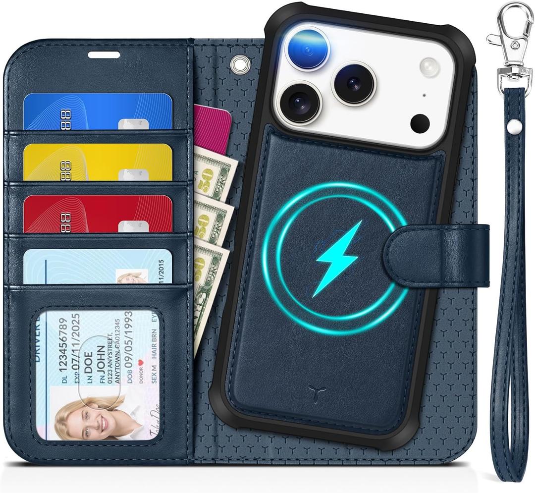 TUCCH 2-in-1 Detachable Wallet Case for iPhone 17 Pro (6.3-inch) 2025, RFID Blocking | 4 Card Holders | Wireless Charging | Wrist Strap | Kickstand | Magnetic | PU Leather Protective Cover | Dark Blue