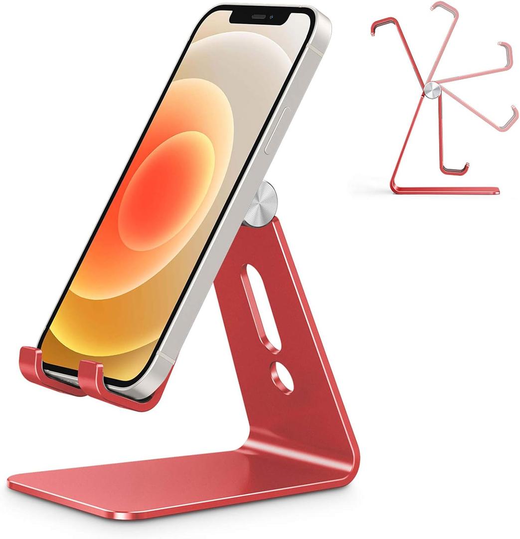 OMOTON Adjustable Cell Phone Stand, C2 Aluminum Desktop Phone Holder Dock Compatible with iPhone 15 14 13 Xs XR 8 Plus 7 6, Samsung Galaxy, Google Pixel, Android Phones, Red