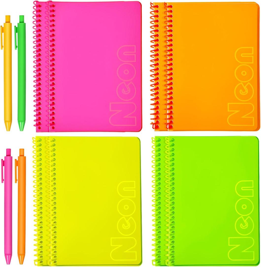 miikoul 8 Pack A5 Neon Spiral Lined Notebooks with 4 Pens 8.3" X 5.5" 80 Sheets/160 Pages Wide Ruled Notebook Spiral Journals Bulk Softcover Notepad Color Coded for Students Taking Class Notes
