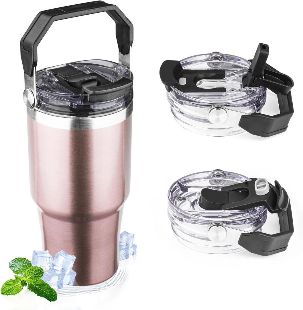 20oz Tumbler with Handle and Flip Straw Lid Double Wall Insulated Travel Coffee Mug Stainless Steel Vacuum Insulated Coffee Tumbler Cup for Hot and Cold Beverages Leak-proof&BPA-free20oz,Rose gold