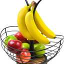Modern Farmhouse Fruit Basket with Banana Holder for Kitchen Counter, Vintage Wire and Wooden Base Fruit Bowl & Banana Hanger for Kitchen Countertop Decor, Banana Tree & Fruit Stand